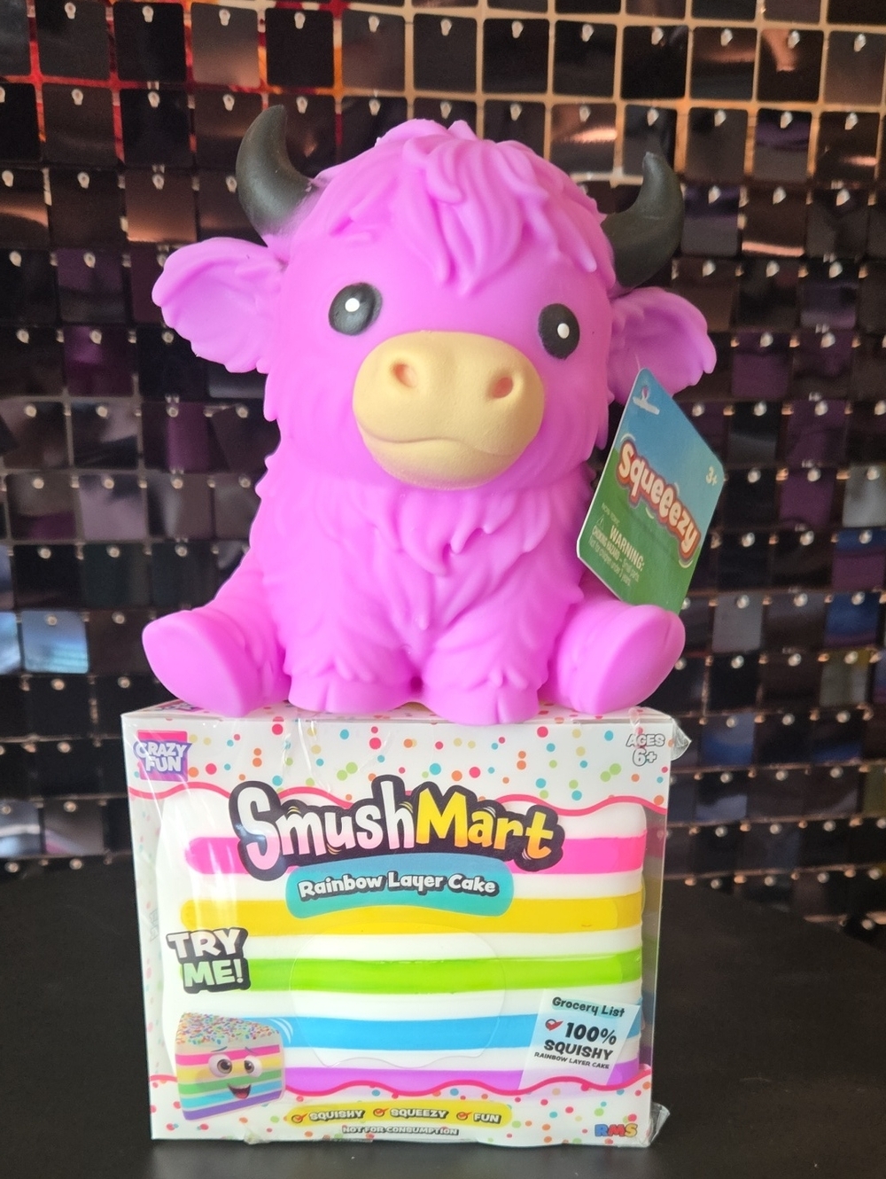 New SmushMart Rainbow Layer Cake Squeeze Toy & Squueeezy Purple Cow.